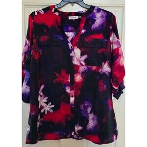 Calvin Klein Plus Size Women's Roll Tab L/S Blouse Purple Floral Size 1x